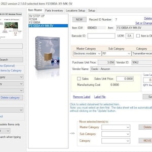 May include: Screenshot of an inventory management software interface. The software displays details for an FS1000A-XY-MK-5V RF transmitter and receiver module. Information includes item ID, purchase price, and technical specifications. A CD case is also visible.