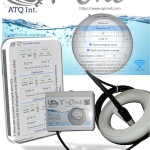 May include: A T-One ATQ Int. Wi-Fi monitoring system featuring a rectangular white sensor unit with a digital display, a circular white probe connected by a black cable, and a screen showing temperature data, alarm settings, and battery levels.
