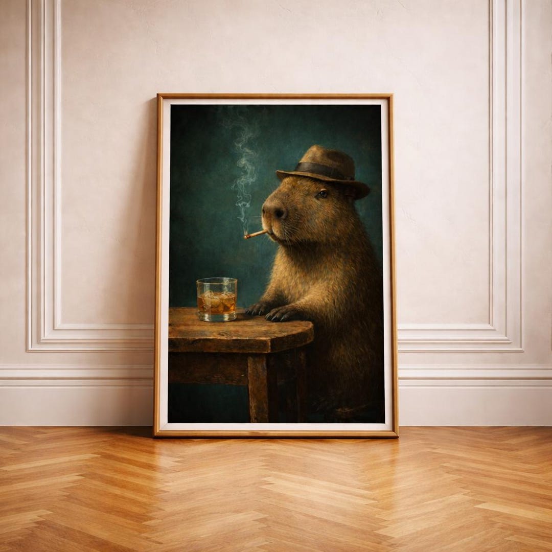 Capybara Bar Poster | Funny Animal Art Print | Vintage Hat Capybara ...