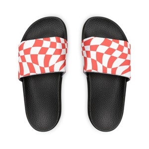 Retro Checkered Print Slides, Groovy Checkered Print Slides, Slip-On 90&#39;s Style Inspired Sandals, Summer-time Flip-Slops, Cute Wavy Checkers