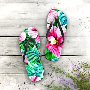 Hawaiian Flip Flops, Summer Flip Flops, Flower Flip Flops, Hawaiian Flip Flops, Sandals for Summer, Sandals for Vacation, Hawaiian Vacation