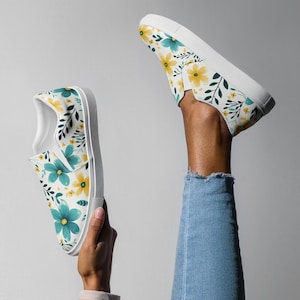 Yellow and Teal Flower Canvas Slip On Shoes, Flowery Canvas Shoes, Canvas Shoes for Women, Gift for Her, Cute Canvas Sneakers