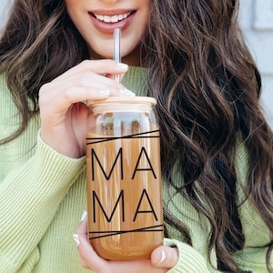 MAMA Glass Cup with Lid & Straw, Customized Gift For Mom Iced Coffee Glass Can,Boho MAMA design tumbler, 16oz Beer Can Glass Custom Tumbler