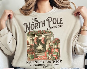 Bookish Christmas Sweatshirt | North Pole book love Santa Sweater for Book Lover Christmas Retro Book Worm Holiday Bookish Hoodie Gift Shirt