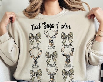 Christian Hunting Hoodie With Camo Deer and Bow,Bible verse sweatshirt,Bible verse sweater,hunting gift for her,camo Pretty bow Sweatshirt