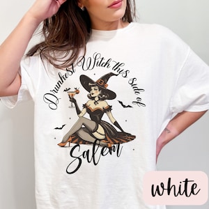 Drunkest Witch This Side of Salem Funny Vintage Halloween Tshirt Cute Retro Horror Social Club Tee Fall Party Trendy Spooky Clothing