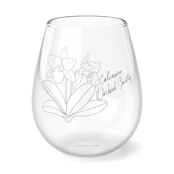 Personalized Calcasieu Orchid Society Orchid Wine Glass, Gift Idea for Calcasieu Orchid Society Wine Glass featuring a Cattleya orchid