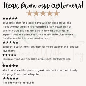 May include: Five-star reviews for a shirt and sweatshirt. The reviews highlight the quality, comfort, and timely shipping of the products. The text includes the phrase "Hear from our customers!"