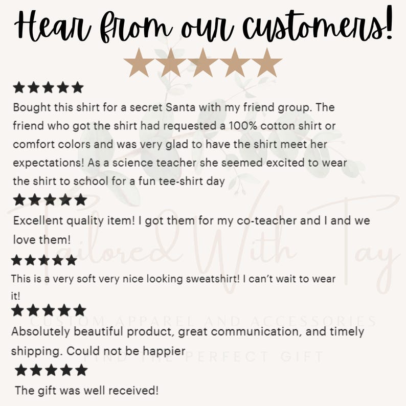 May include: Five-star reviews for a shirt and sweatshirt. The reviews highlight the quality, comfort, and timely shipping of the products. The text includes the phrase "Hear from our customers!"