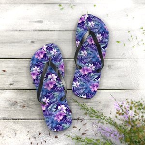 Purple Flower Flip Flops, Flower Thongs, Flip Flops for Women, Beach Sandals, River Flip Flops, Vacation Flip Flops, Flower Flip Flops,