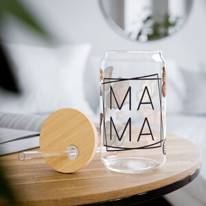 MAMA Glass Cup with Lid & Straw, Customized Gift For Mom Iced Coffee Glass Can,Boho MAMA Design Tumbler, 16oz Beer Can Glass Custom Tumbler
