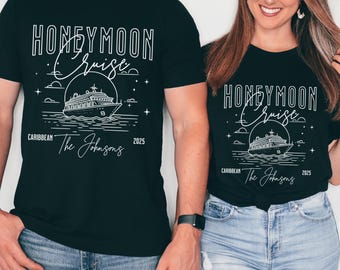 May include: Black couple's matching t-shirts with a white outline of a cruise ship and the text "Honeymoon Cruise" with the year 2025 and the words "Caribbean" and "The Johnsons".