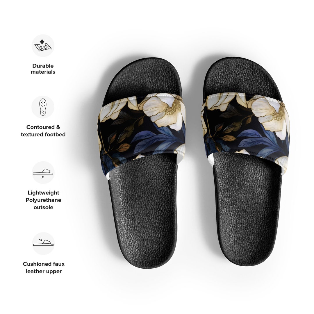 Blue and White Slides, Women's, Flower Slides, Flower Sandals for Women