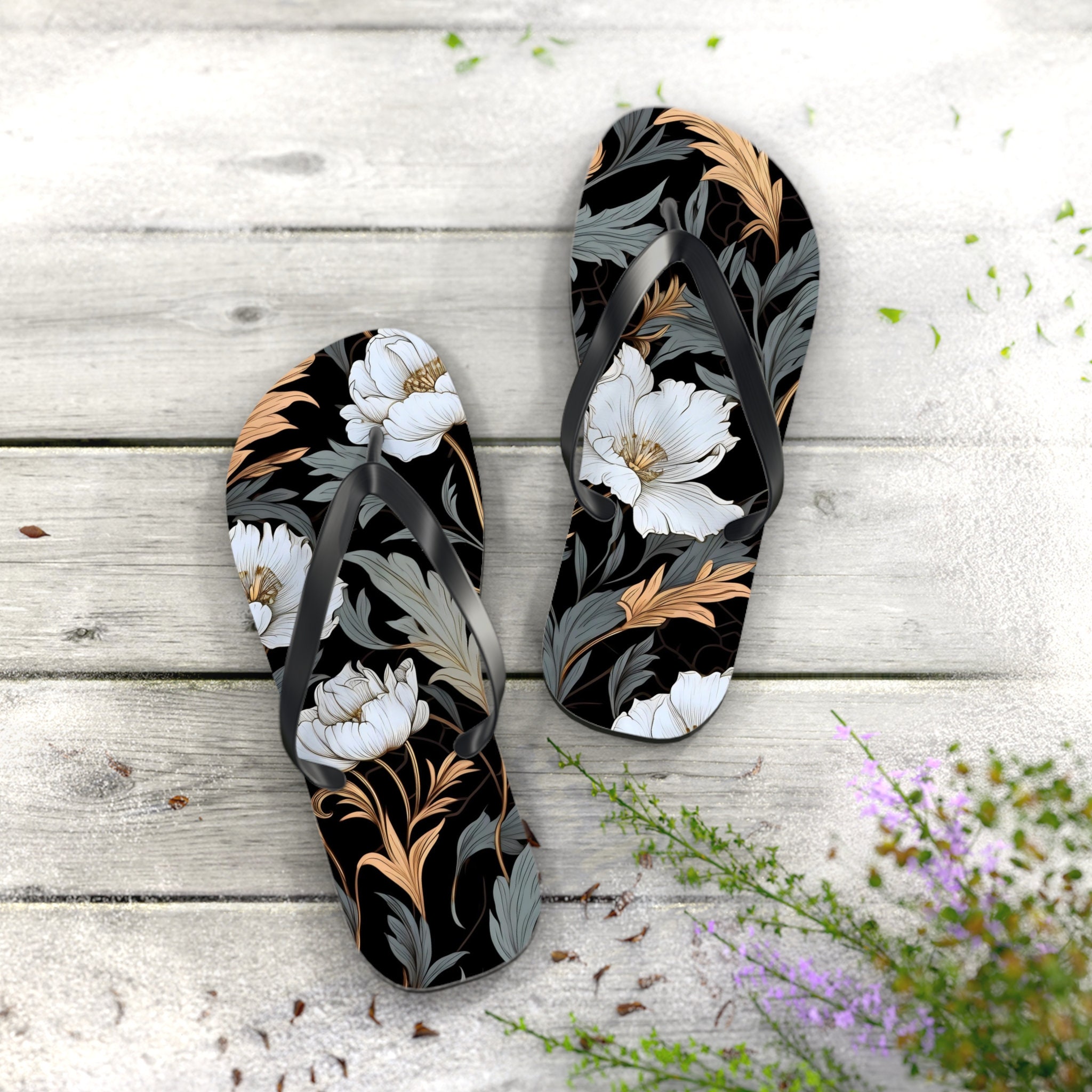 Black flower flip flops deals