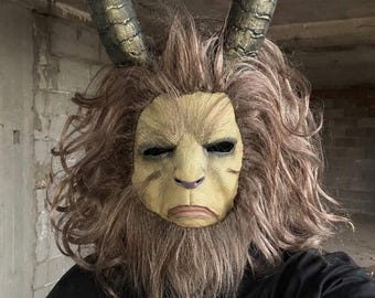 Realistic Horned Goat Demon Mask | Latex Full Head Creature Mask | Brown Hair Halloween Cosplay Costume Prop