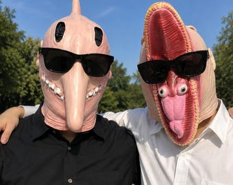 Surreal Latex Mask Set of 2 | Long Nose Creature & Horror Mouth Monster Full Head Masks | Cosplay Halloween Party Prop