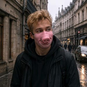 May include: A pink face mask shaped like a pig snout and mouth, worn over the lower half of the face. The mask features a moulded nose and a subtle smile, contrasting with a black hooded jacket and a black shirt worn underneath the outerwear.