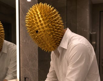 Durian Spiked Monster Mask | Full Head Latex Creature Mask | Yellow Tropical Fruit Mask | Surreal Cosplay Halloween Costume Party Prop