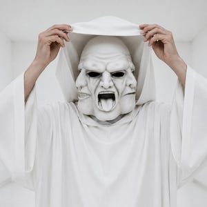 Puede incluir: Una túnica blanca con capucha usada con una máscara de múltiples caras que presenta tres expresiones faciales distintas. La cara central tiene la boca abierta con una lengua visible, mientras que las dos caras laterales están orientadas hacia afuera.