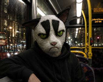 Grumpy Cat Head Mask | Full Head Latex Cat Mask | Angry Cat Costume Mask | Funny Animal Mask | Halloween Cosplay Prop