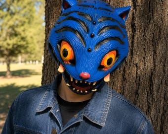 Creepy Blue Cat Monster Mask | Full Head Animal Mask | Horror Cosplay Costume | Halloween Party Prop