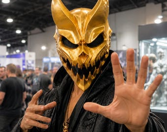 Gouden mechanisch oni-masker, hars demonenmasker, verstelbare kaak, cyberpunkkostuum, Japanse cosplay Halloween-accessoire