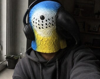 Realistic Parrot Head Mask | Full Head Latex Bird Mask | Blue Yellow Animal Mask | Cosplay Costume Mask | Halloween Party Prop