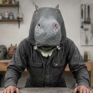 May include: A realistic, dark grey hippopotamus mask featuring a textured snout, visible nostrils, and prominent lower teeth. The mask is worn over a dark grey, long-sleeved utility jumpsuit with a button-down front and two chest pockets.