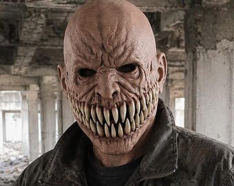 Creepy Bald Monster Mask | Full Head Latex Horror Mask | Sharp Teeth Creature Cosplay Mask | Halloween Party Prop
