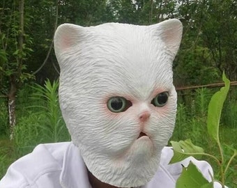 Masque fait main Masque de chat persan Masque de chat blanc Masque en latex de caoutchouc découpé à la main