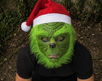 Grüne Weihnachtsmonster Maske | Vollkopf Latex Urlaubskreatur Maske | Lustige Halloween Kostüm Maske | Weihnachtsfeier Cosplay Prop