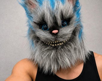 Realistische Grinsekatzen Kopf Maske | Vollkopf Pelzkatzenmaske | Gruselige Tier Cosplay Maske | Gothic Halloween Kostüm Requisite