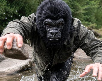 Realistic Black Gorilla Mask | Full Head Latex Ape Mask | Furry Primate Cosplay Costume | Halloween Party Prop