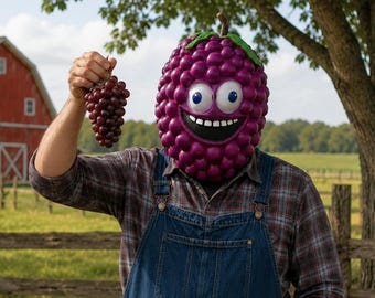 Lustige lila Traubenmaske, Ganzkopf-Fruchtkostüm, Cartoon-Lebensmittel-Cosplay für Halloween-Partys, Bauernhof-Spaß-Kollektion