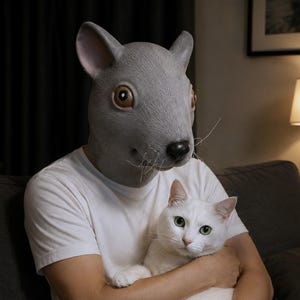 May include: A grey rat mask with large brown eyes, a black nose, and thin whiskers, worn by a figure in a plain white t-shirt holding a white cat with green eyes. The mask features textured fur-like detailing and pointed ears on top.