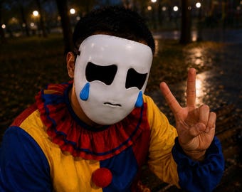 Crying Ghost Face Mask | Sad Tear Drop Mask | White Hollow Eye Costume Mask | Creepy Halloween Mask | Surreal Cosplay Prop