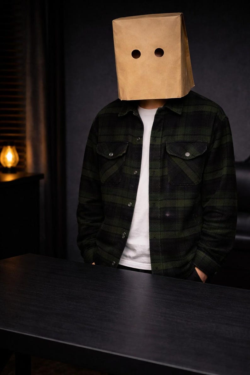 K&ouml;nnte beinhalten: Eine Person, die eine braune Papiert&uuml;te mit zwei Augenl&ouml;chern &uuml;ber dem Kopf, ein gr&uuml;n-schwarz kariertes Hemd und ein wei&szlig;es T-Shirt tr&auml;gt. Die Person steht vor einem schwarzen Tisch.