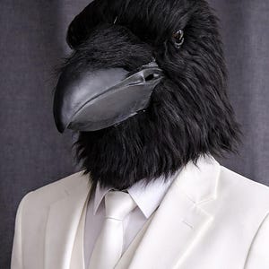 May include: A black raven mask with a large beak and feathery texture. The mask is worn with a white suit, vest, and tie. The suit has a classic, tailored fit. The background is a solid, neutral gray.