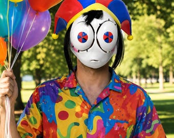 Creepy Jester Face Mask | Big Eye Cartoon Mask | Red Blue Clown Costume Mask | Halloween Cosplay Prop | Surreal Party Mask