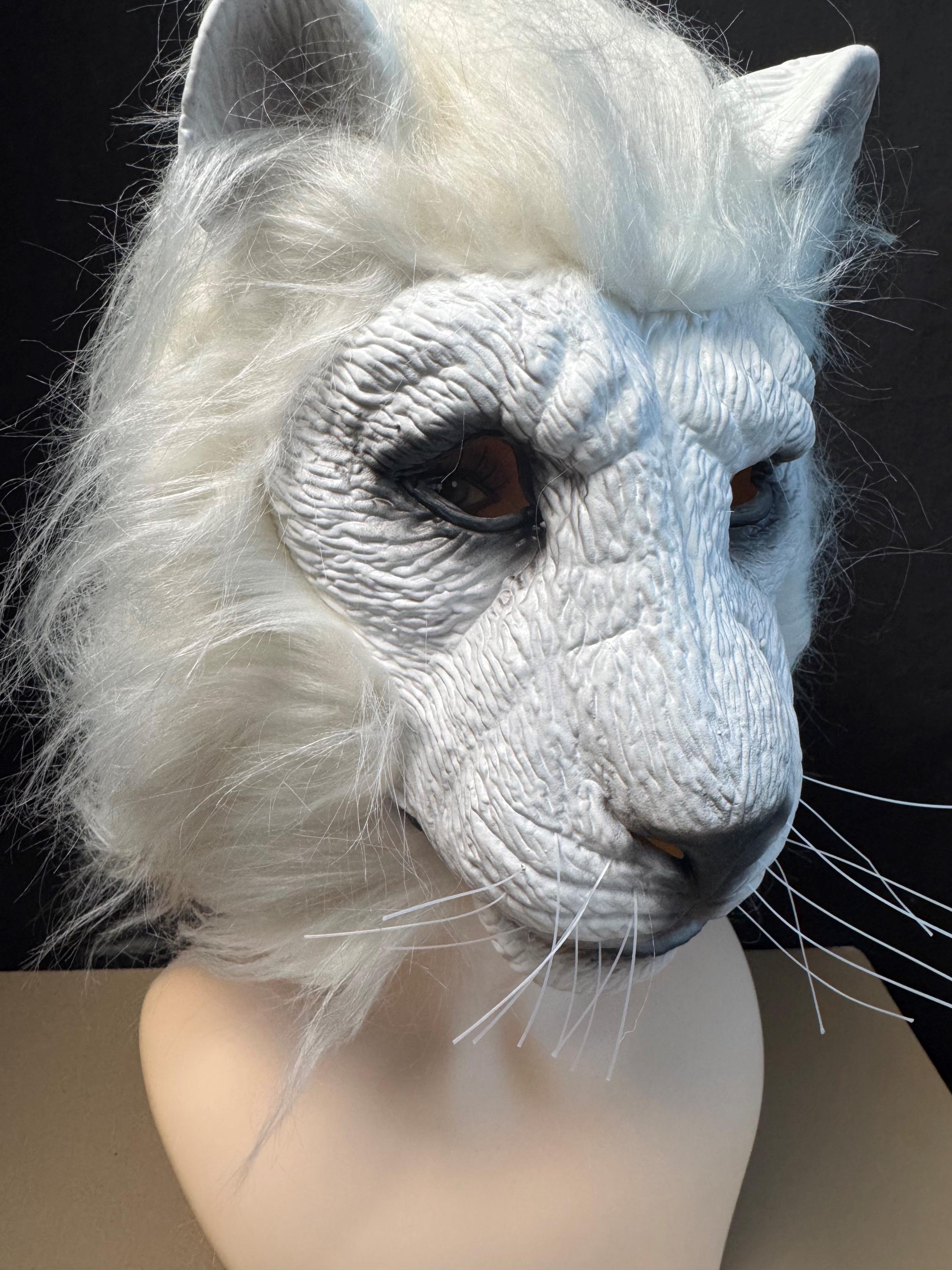 ハロウィン用ホワイトライオンマスク、リアルな動物の頭部マスク、毛皮 