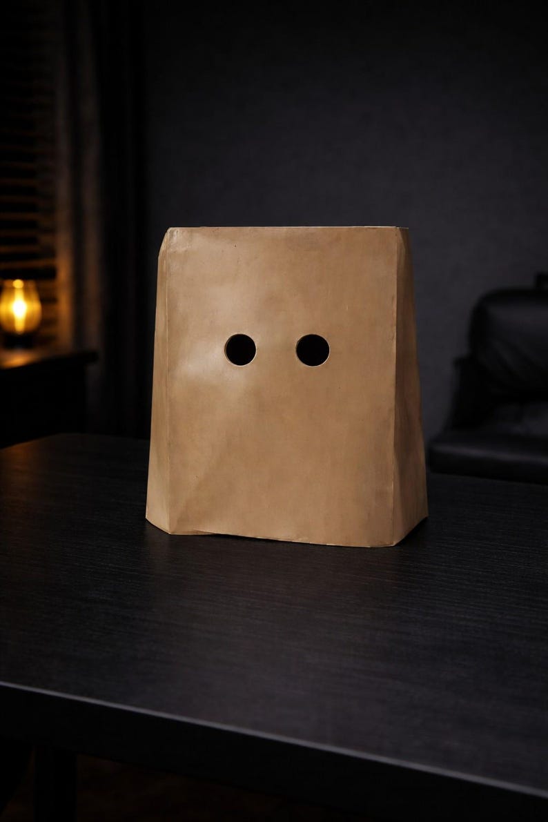 Lustige Papiertüte Maske Latex Material | Minimale Gesichtsmaske mit Augenlöchern | Meme Kostüm Maske | Halloween Party Prop Cover Bild 1
