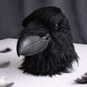 May include: A black raven mask with a large, curved beak and realistic feather-like texture. The mask is set against a neutral background with scattered feathers, creating a dramatic effect. The raven's eye is visible.