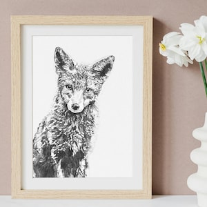Black and White Sitting Fox A3 Giclée Art Print | Fox Lover Gift, Fox Home Decor Poster, Woodland Animal Art, Animal Wall Decor, Urban Fox