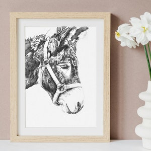 Black and White Donkey A3 Giclée Art Print | Donkey Lover Gift, Happy Donkey Art, Home Decor Poster, Monochrome Wall Art, Animal Wall Decor