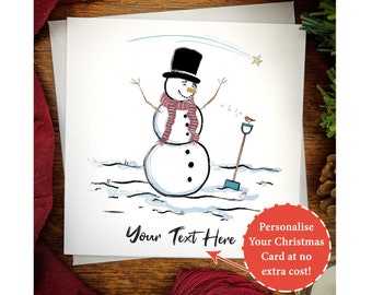 Personalised Snowman Christmas Card | Xmas Robin Card, Winter Scene Snowman Card, Festive Winter Scene Card, Shooting Star Christmas Card