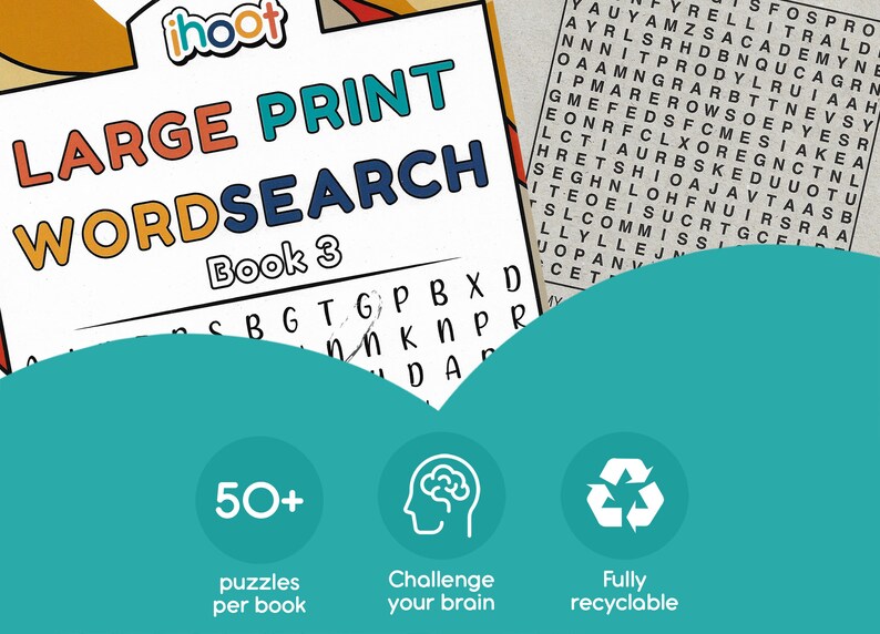 May include: A book titled "LARGE PRINT WORDSEARCH Book 3" with a word search puzzle visible. The cover features the title in large, colorful letters. Additional icons highlight features like 50+ puzzles per book, brain challenge, and recyclability.