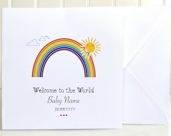 Welcome to the World Baby Card | Personalisation Newborn Card, Custom Text Baby Greetings Card, Rainbow Baby Card, Sunshine New Baby Card