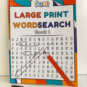 May include: A "Large Print Wordsearch Book 1" with the "ihoot" logo, featuring a pencil and pen. The cover has orange, teal, and blue designs. The word search grid has circled words and is on a white background.