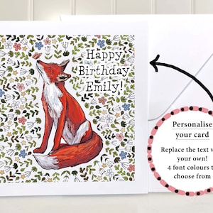 Carte de voeux personnalisée renard | Carte à motif floral, carte de joyeux anniversaire renard, anniversaire personnalisé, carte de remerciement foxy, carte d'anniversaire papillon