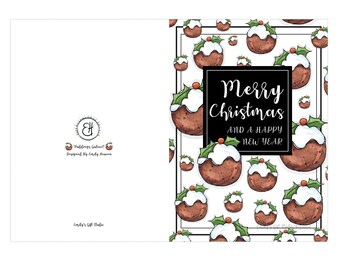 Easy Printable 'Puddings Galore!' Christmas Card, 'Merry Christmas and a Happy New Year' Card, 7"x 5", Print at Home Xmas Card and Envelope